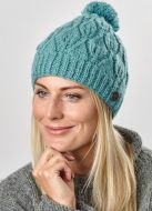 Leaf bobble hat - hand knitted - pure wool - fleece lining - eau de nil