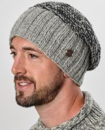 Pure Wool Hand knit - two tone moss - baggy beanie - Pale grey