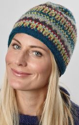 Pure Wool hand knit - multi-patterned beanie - teal/grey