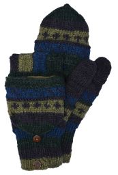 hand knit - pattern mitts - green/blue