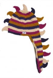 Dino hat - pure wool - hand knitted - fleece lining - berry stripes