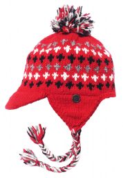 Pure Wool Hand knit - half fleece lined - peak ear flap - Red Pattern