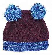 Two pom cable hat - pure wool - hand knitted - purple blue