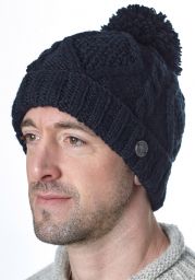 Pure Wool Celtic bobble hat - turn up - black