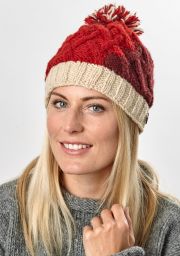 Pure Wool Hand knit - lattice step bobble hat - Reds/cream