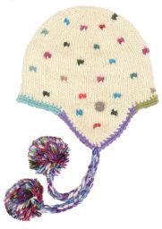 Pure Wool Hand knit - half fleece lined - moss stitch - ear flap hat - White