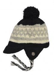 Pure Wool Hand knit - half fleece lined - peak ear flap - Black/Grey