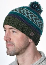 Pure Wool Pattern bobble hat - hand knitted - greens