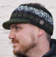 Peaked headband - pure wool - hand knitted - fleece lining - electric green