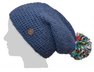 Pure Wool Hand crochet - bobble slouch hat - blue