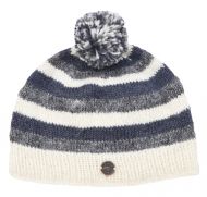 Pure Wool Striped bobble hat - single knit - greys / white