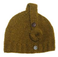Pure Wool half fleece lined - loop button hat - Khaki Green