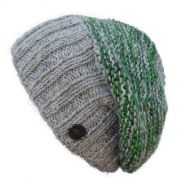 Pure Wool Hand knit - two tone moss - baggy beanie - mid grey/green heather