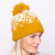 Pure Wool Hand knit - snowflake reflection - bobble hat - honey gold