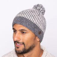 Pure Wool Hand knit - NAYA - pin stripe - bobble hat - mid grey
