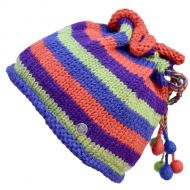 Pure Wool Hand knit - tie top beanie - purple/blue/green