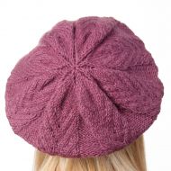 Hand knitted pure wool - fern pattern beret - mulberry/mid grey