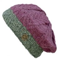 Hand knitted pure wool - fern pattern beret - mulberry/mid grey