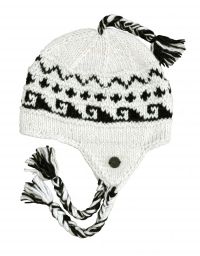 Pure Wool Hand knit - half fleece lined - wave - ear flap hat - White