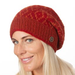 Pure Wool Hand knit - diamond bands - baggy beanie - spice