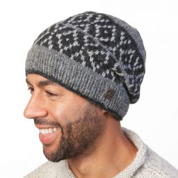 Pure Wool Hand knit - diamond bands - baggy beanie - grey/charcoal