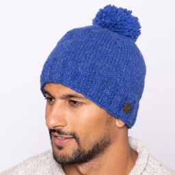 Pure Wool Plain bobble hat - hand knitted - fleece lining - blue pepper