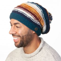 Pure Wool Hand knit - electric stripe - bobble slouch - Teal