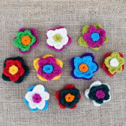 pure wool - 10 handmade crocheted double flowers - assorted colours