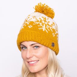 Pure Wool Hand knit - snowflake reflection - bobble hat - honey gold