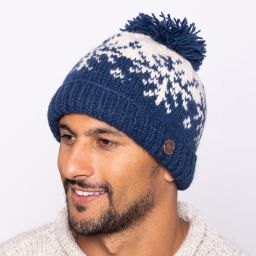 Pure Wool Hand knit - snowflake reflection - bobble hat - dark denim