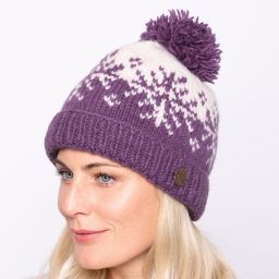 Pure Wool Hand knit - snowflake reflection - bobble hat - grape