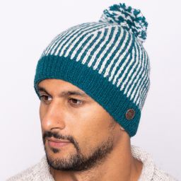 Pure Wool Hand knit - NAYA - pin stripe - bobble hat - pacific