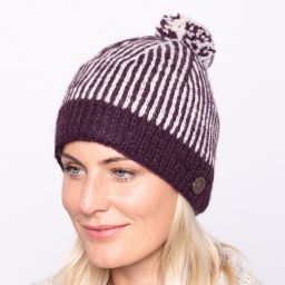 Pure Wool Hand knit - NAYA - pin stripe - bobble hat - aubergine