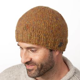 Hand knit - pure wool - plain beanie - gold heather