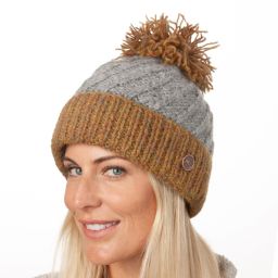 Pure Wool Hand knit - altitude turn up bobble hat - gold heather/mid grey