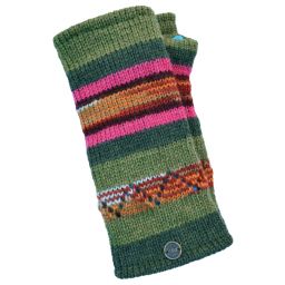 Hand knit - notch stripe wristwarmer - green/pink