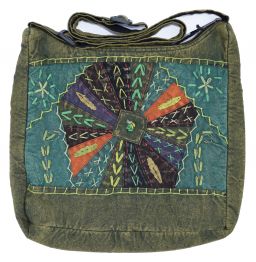 Large Embroidered Stonewashed Cotton Crossbody Bag - Green