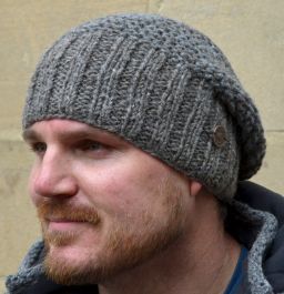 Pure Wool Hand knit - two tone moss - baggy beanie - Marl brown
