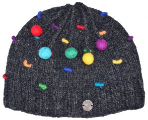 Half fleece lined - pure wool - french knot beanie - Charcoal/rainbow