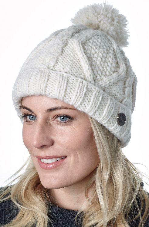 Pure Wool Celtic bobble hat - turn up - white