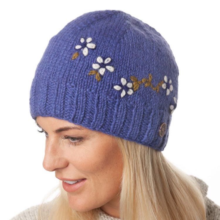 ***SALE*** - Pure Wool Hand embroidered - petite flower beanie - deep wisteria