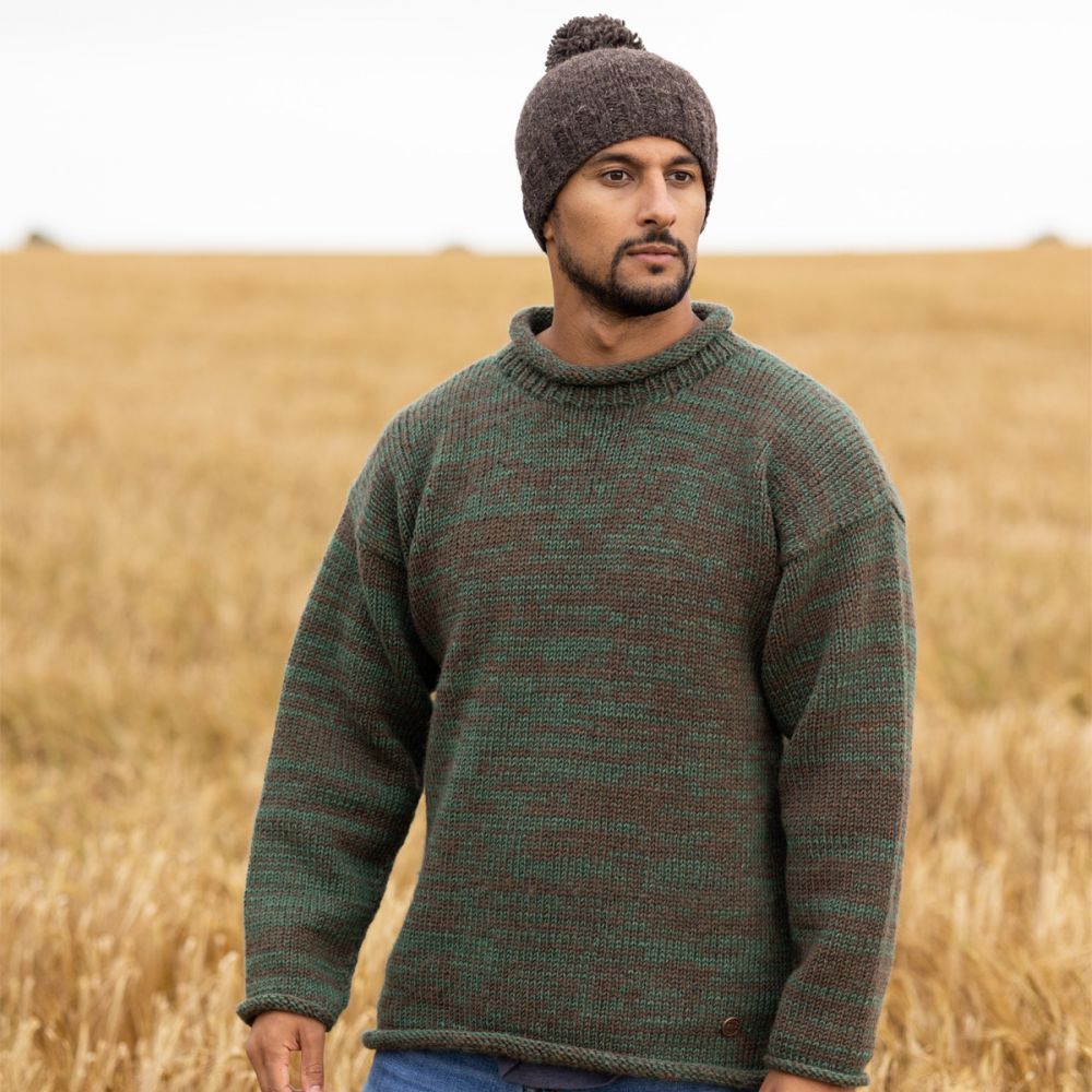 Pure wool - hand knit jumper - two tone - Green/brown