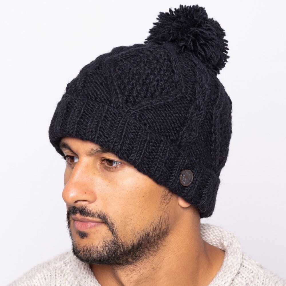 Half fleece lined hand knit celtic bobble hat Dark brown