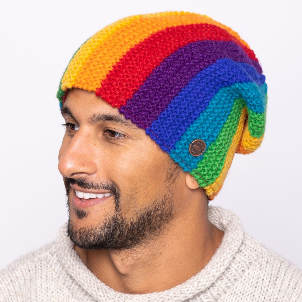 Hand knit pure wool vertical stripe baggy turn up rainbow