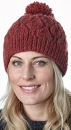 Leaf bobble hat - hand knitted - pure wool - fleece lining - rust heather