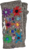 Hand embroidered flower - fleece lined wristwarmer - marl brown
