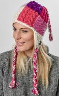 Patchwork ear flap hat - pure wool - hand knitted - fleece lining - pinks