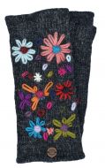 Hand embroidered flower - fleece lined - wristwarmer - Charcoal
