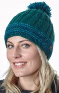 Ribbed bobble hat - pure wool - fleece lining - emerald