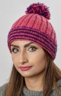 Ribbed bobble hat - pure wool - fleece lining - pink